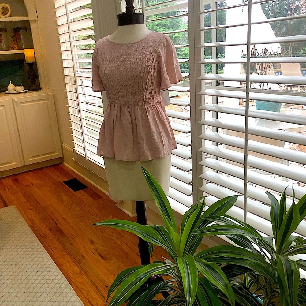 Urban Romantics Smocked Shirt, Pink Swiss Dot Fabric, Peplum SZ Small, EUC